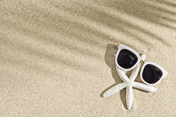 Sjöstjärnor Och Vita Solglasögon Naturlig Sand Bakgrund Med Palmblad Skugga — Stockfoto