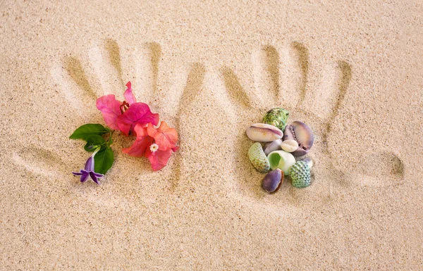 Hand afdrukken op zand met bloem en schelpen regeling — Stockfoto