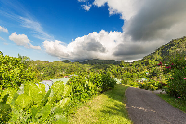 Road at small residential area of Mahe island, Seychelles