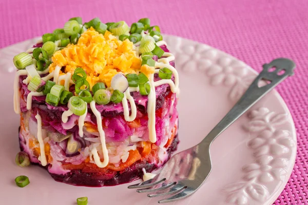 Traditionele Russische haring salade op roze achtergrond — Stockfoto