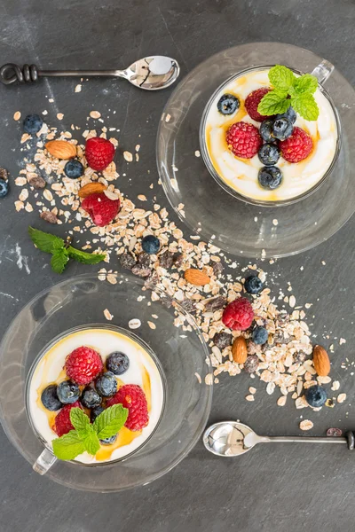 Natural yogurt with fresh berries and muesli, cereal, top view. — Stock Photo, Image