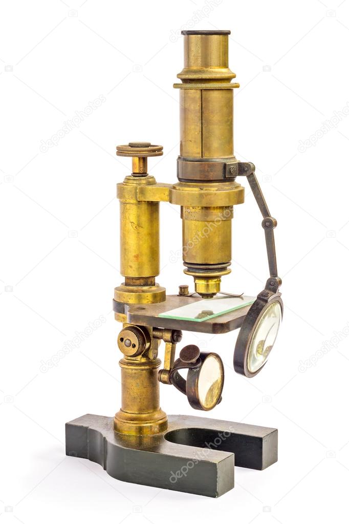 Old fashion (retro, vintage) brass microscope isolated on white 