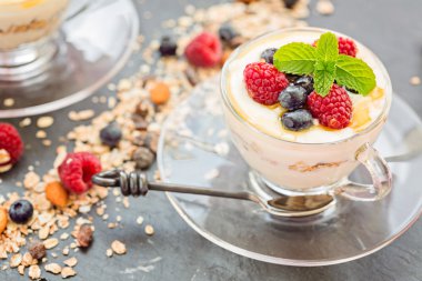 Doğal Yoğurtlu taze meyveleri ve müsli, Mısır gevreği, yakın çekim, 