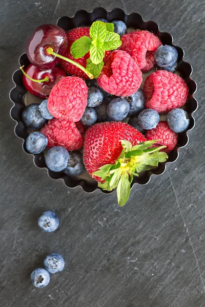 Mix of fresh berries in a small round metal backing mold, on sto — Stock Photo, Image