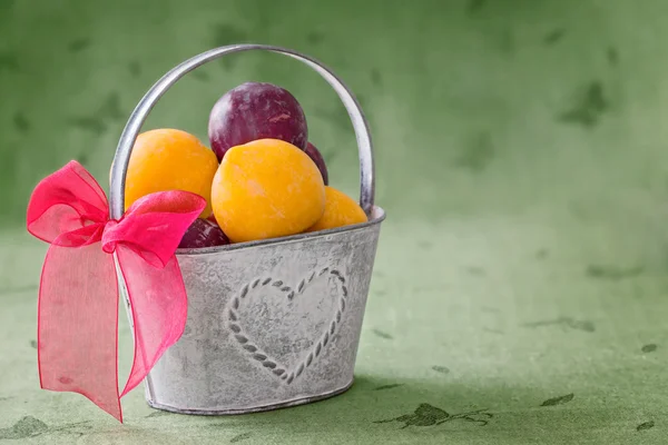 Cubo de lata viejo con cinta roja llena de ciruelas amarillas y rojas en g — Foto de Stock