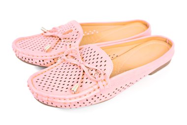 Kadın pembe beyaz arka plan üzerinde kayma ayakkabı izole daireler