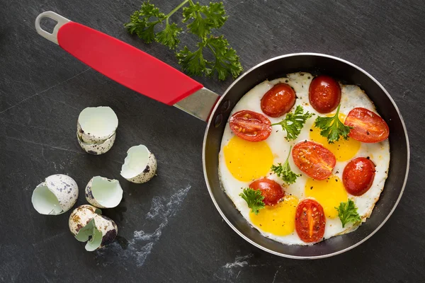 Sunny side up quail eggs fry with tomato and parsley, top view