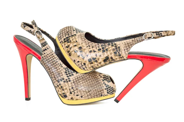 Pelle di serpente giallo e arancione peep toe fionda indietro pompe , — Foto Stock