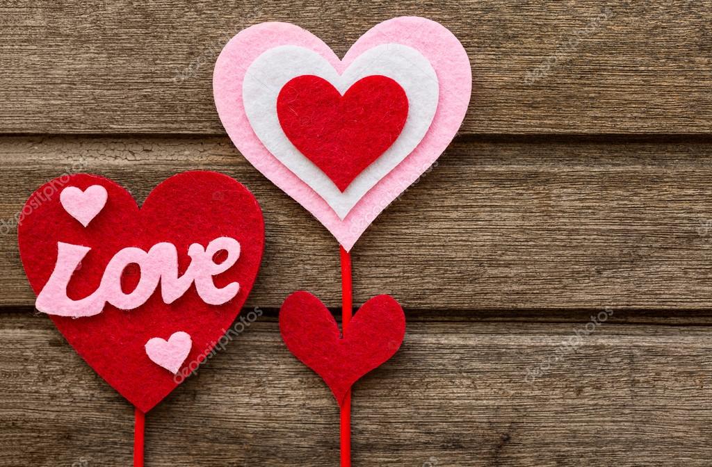 Love Hearts Decorations On Wooden Texture Background Valentines