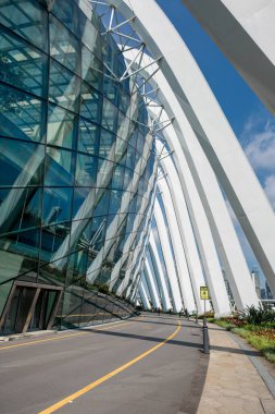 Singapur Körfezi kıyısındaki Gardens 'taki Çiçek Kubbesi' nin dinamik mimari manzarası eğimli cam cephe ve beyaz çelik kemerlerini sergiliyor. Modern sera çevresindeki şehri yansıtır..