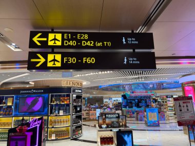 Singapur, Singapur - 31 Temmuz 2025 yön tabelaları E1 - E28 ve D40 - D42 için geçit bilgilerini ve F30 - F60 için tahmini seyahat sürelerini gösteriyor.