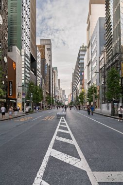 Tokyo, Japonya - 09 Ağustos 2025 GINZA STREET 'te hareketli bir sahne modern binalar, yeşillikler ve canlı şehir atmosferinin keyfini çıkaran müşteriler.