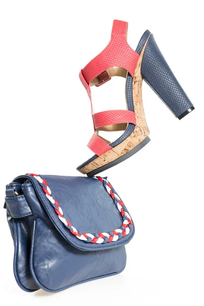 Pare de moda azul marino y zapatos rojos, con bolsa a juego, isol — Foto de Stock