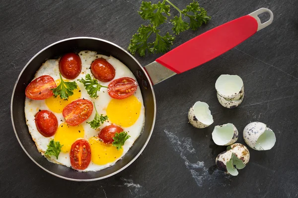 Soleado lado hasta huevos de codorniz freír con tomate y perejil, vista superior , — Foto de Stock