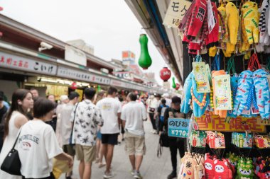 Tokyo, Japonya - 07 Ağustos 2025 Senso-ji Tapınağı çevresinin yeşillik ve kentsel manzaralarla çevrili olduğu geleneksel Japon mimarisine sahiptir.
