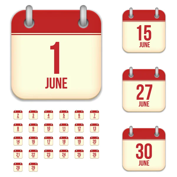 Junio desgarro calendario aislado vector iconos conjunto — Archivo Imágenes Vectoriales