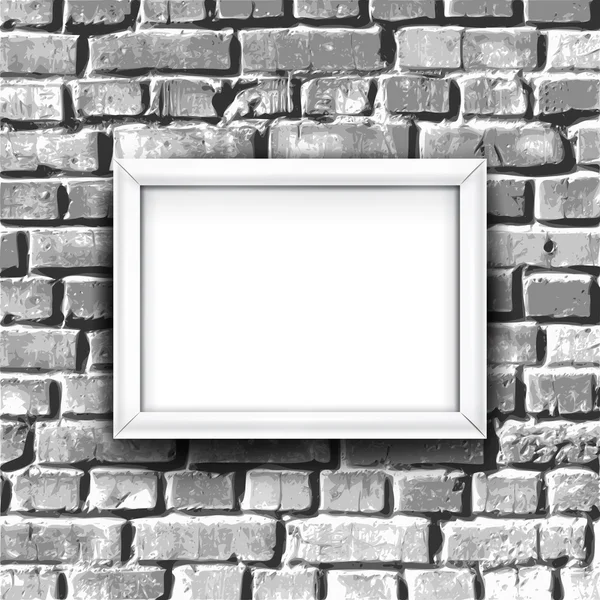 Marco de fotos blanco en la pared de ladrillo. Fondo vectorial con banner en blanco — Vector de stock