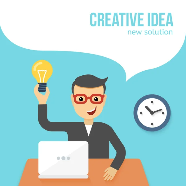 Laptop önünde oturan genç adam çözüm bulundu. Yaratıcı bir fikir. Vektör düz çizim. 