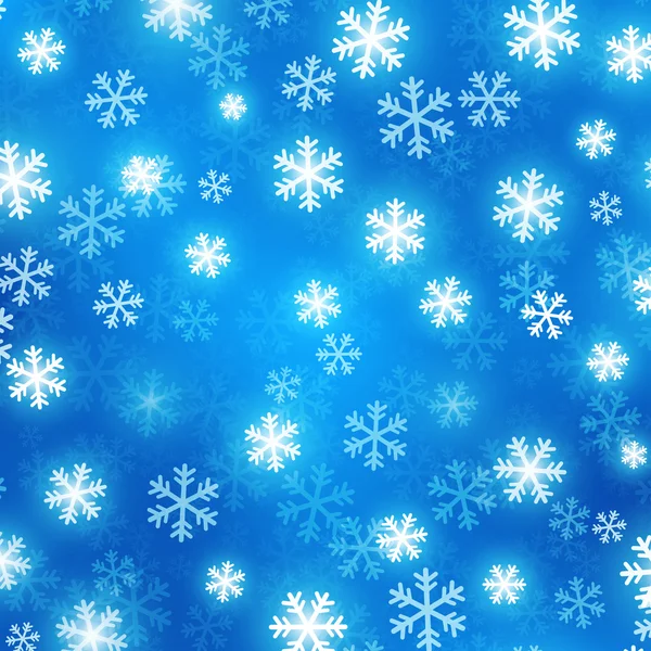 Blauer verschwommener Hintergrund mit glühenden Schneeflocken — Stockvektor