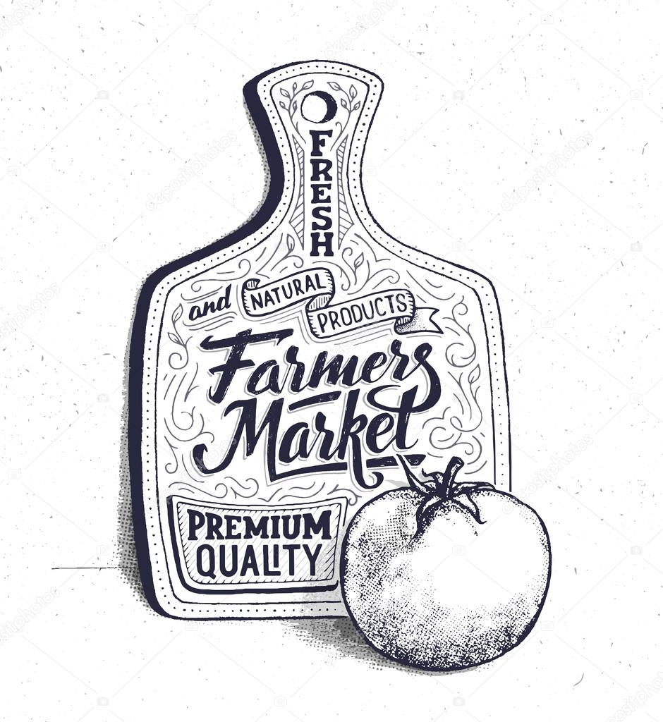 Farmers market lettering on cutting board. Retro vintage motivational quote poster with hand lettering and typography. Fresh and natural products retail advertising banner. Vector illustration