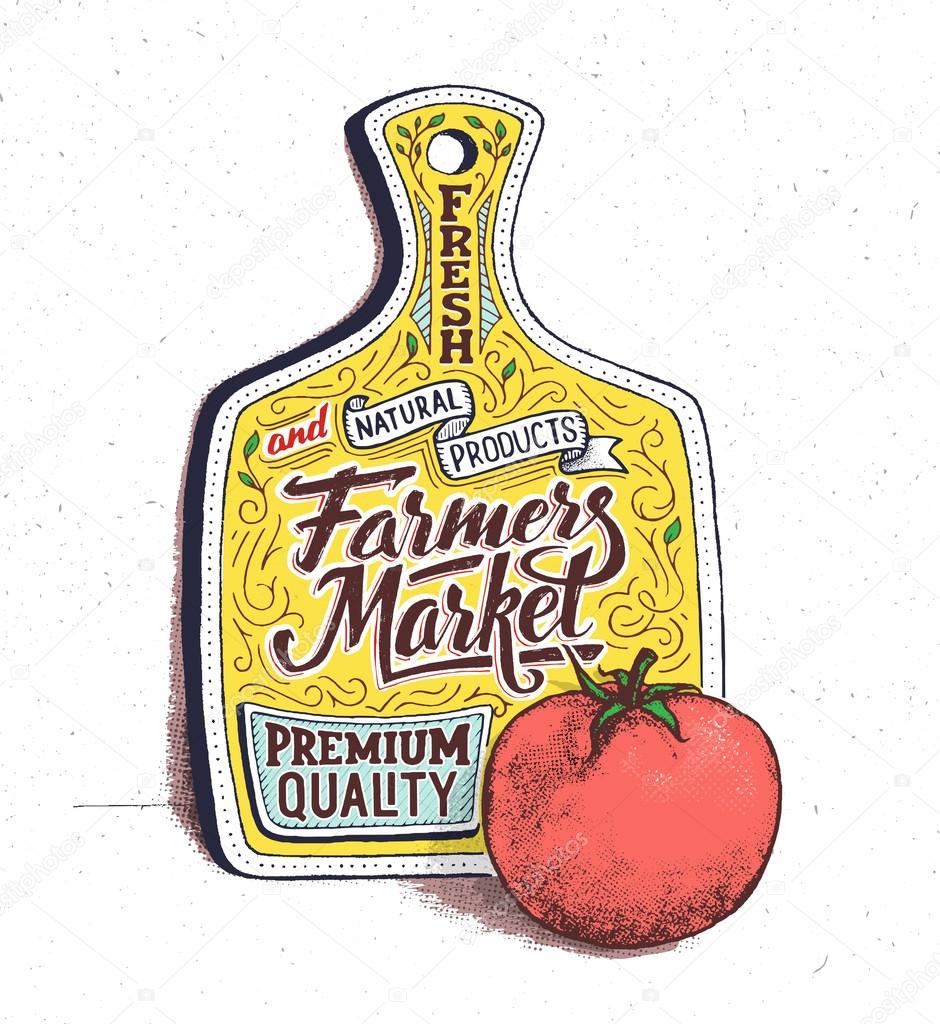 Farmers market lettering on cutting board. Retro vintage motivational quote poster with hand lettering and typography. Fresh and natural products retail advertising banner. Vector illustration