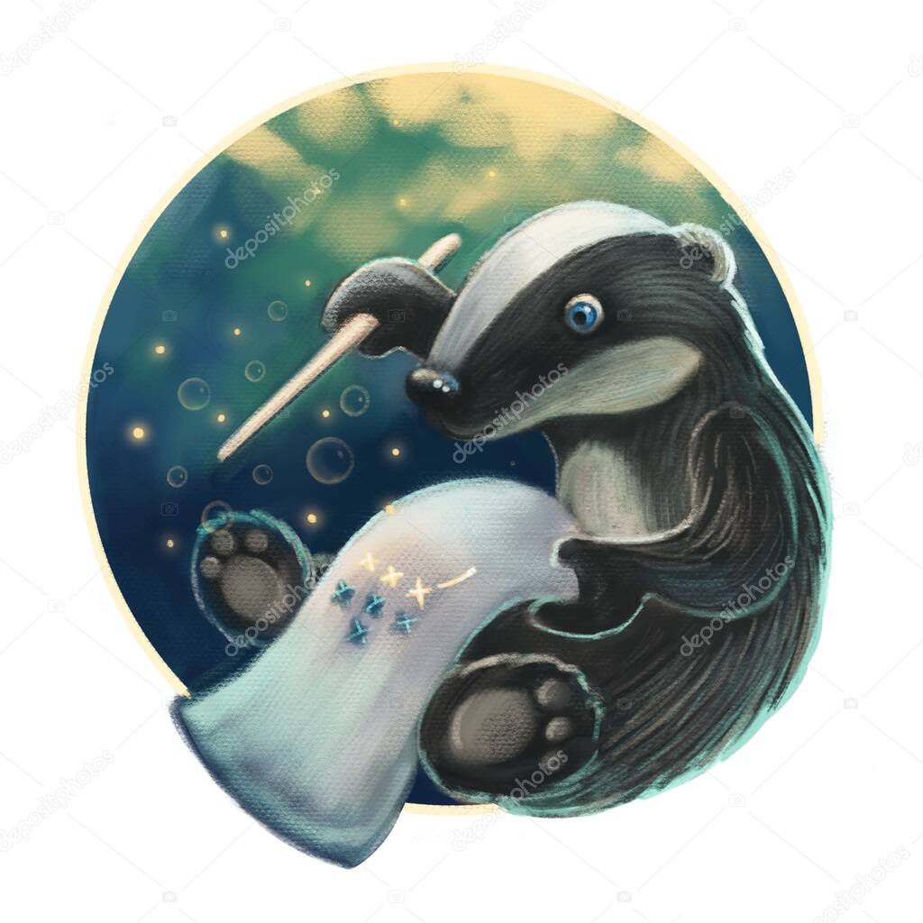 Badger wizard with a magic wand book illustration cover cards