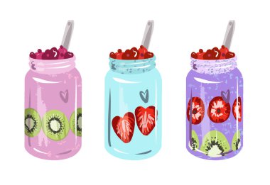 Meyve, sebze, meyve ve meyve suyu. Sağlıklı bir diyet için içki örneklerinin toplanması. Organik, vejetaryenler için detoks suyu. Vektör.