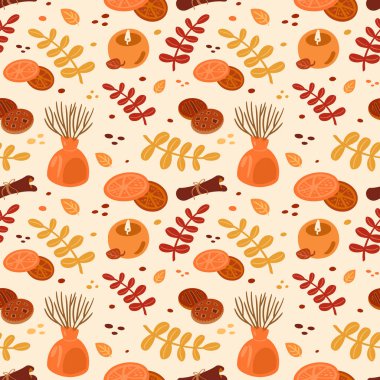 Sonbahar doğal, pürüzsüz desen. Kırmızı ve sarı yaprakların, keklerin, mumların arka planında sonbahar. Sonbahar partisi ya da Şükran Günü için kumaş. El çizimi doğal illüstrasyon, tasarım daveti