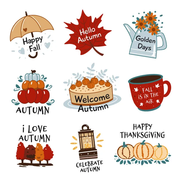 Ensemble Vectoriel Automne Étiquettes Phrases Écrites Main Happy Thanksgiving Bienvenue — Image vectorielle