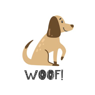 Elle çizilmiş çocuk resimleri, afiş, şirin bir köpek ve beyaz arka planda İskandinav tarzında harflerle yazılmış Woof yazıları. Sevimli bebek hayvanlar. Köpek. Evcil hayvanlar. Bebek baskısı.