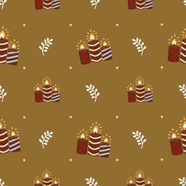 Sonbahar doğal, pürüzsüz desen. Mumların ve sonbahar yapraklarının sonbahar arkaplanı. Sonbahar partisi ya da Şükran Günü için kumaş. El çizimi doğal illüstrasyon, tasarım davetiyesi