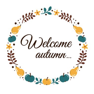 Sonbahar çelengi, dekorasyon. Sonbahara hoş geldiniz. Kartpostal, hatıra defteri, kumaş baskısı, davetiye.