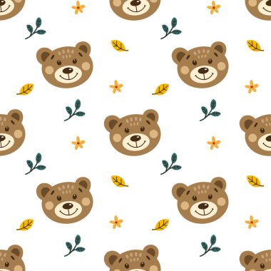 Sonbahar ayıcığıyla kusursuz bir geçmişi var. Beyaz arka planda yaprakları olan sevimli bir hayvan. Vektör çizimi. İskandinav tarzı. Çocuk koleksiyonu