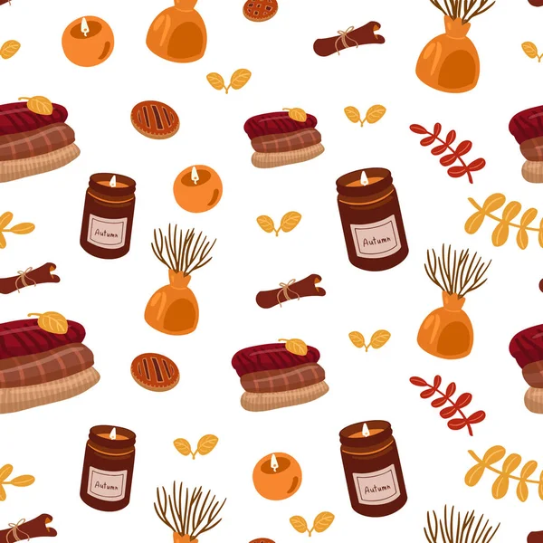 Motif d'automne avec vases, chandails, bougies, gâteaux et feuilles — Image vectorielle