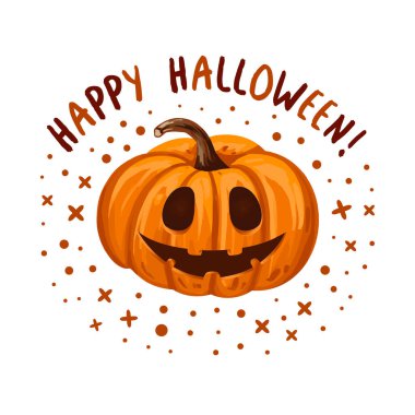 Mutlu Cadılar Bayramı tebrik kartları. Turuncu gülümseyen balkabağı ve harfler. Vektör illüstrasyonu