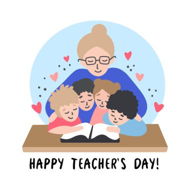 Öğretmeni olan çocuklar kitabı okuyorlar. Mutlu öğretmenler günü için düz bir illüstrasyon. Pankart, kart ya da poster konsepti. Modern moda tarzı.