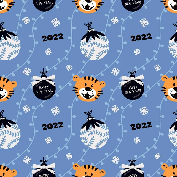 タイガーパターン2022青の背景に虎の赤ちゃん、数字とテキストとシームレスなパターン. ロイヤリティフリーストックベクター