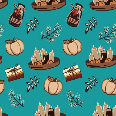 Balkabakları, yapraklar, mumlar ve kitaplarla kusursuz desen. Konforlu el çizimi mevsimlik arka plan.