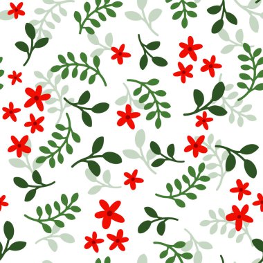 Kırmızı çiçekli, dallı ve yapraklı kusursuz bir desen. Vektör