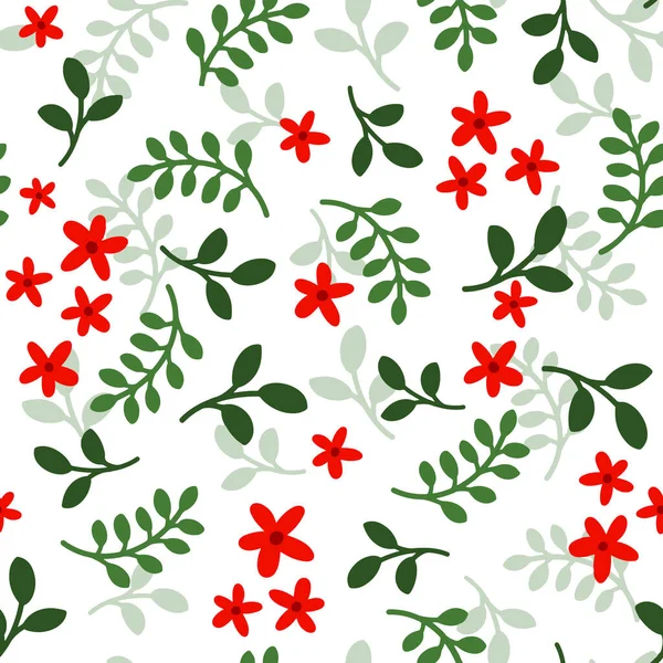 Kırmızı çiçekli, dallı ve yapraklı kusursuz bir desen. Vektör