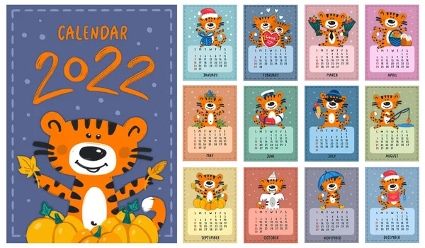 中国や東のカレンダーによると、 2022年、タイガーの年のための壁のカレンダーのデザインテンプレート. ストックイラスト