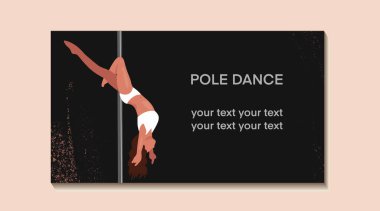 Siyah arkaplanlı, siluetli bir direk dansı kartı. Resim tabelası. Kartvizit, simge, kart, kartpostal, logo, pankart, etiket. Vektör