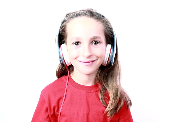 Bonito Menina Com Fones Ouvido Isolado Branco — Fotografia de Stock