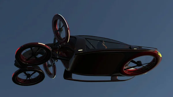 Transport of the future. Red car flying in blue sky, flying car concept is possible . view from the right.3D illustration.