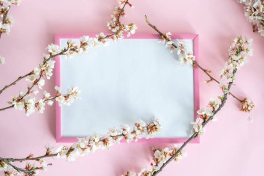 Beyaz çiçekler, boş bir çerçeveyle pastel pembe arka planda mesaj. Sevgililer Günü, Anneler Günü, doğum günü veya diğer kutlamalar için en üstteki boş yer, güzel tebrik kartı.