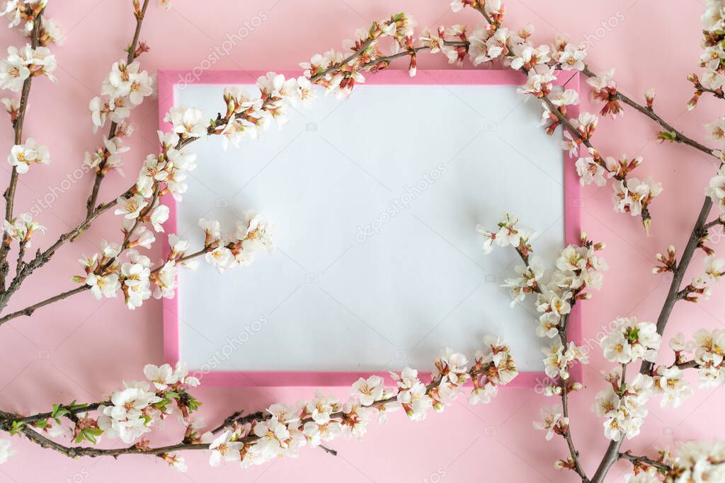 White flowers, frame with empty place for text on a pastel pink background. Top view empty place for text for valentine day, Mothers Day, birthday or other celebrations, beautiful greeting card.