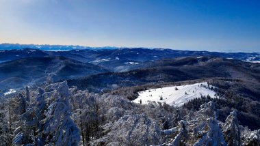 Buzlu ağaçlarla donuk dağ manzarası