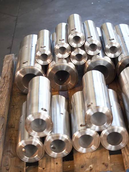 Stainless Steel Turned Parts Semi Finished Products Pallets Production Plant Stock Image