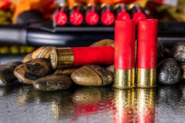 Üç av tüfeği kovanı, arka planda taktik tüfekle ıslak aynaya yansıyan taşlara izole edilmiş.