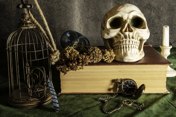 still life showing the inevitable end of life human skull empty bird cage with dead flowers and candle
